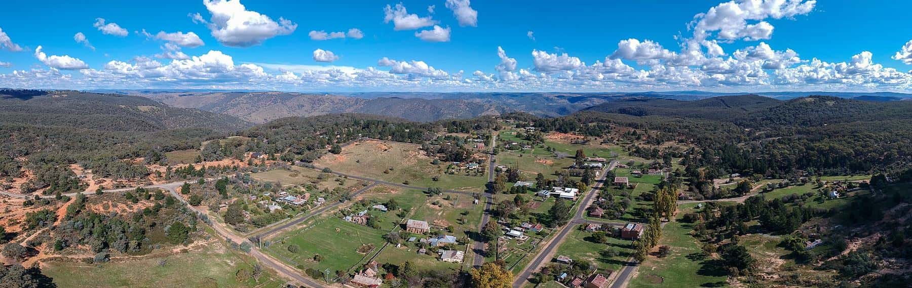 Panoramic view over the old gold town of Hill End and surrounding hills